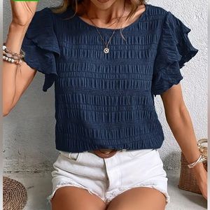 Elegant All-Season Crew Neck Blouse with Timeless Ruffle Detail